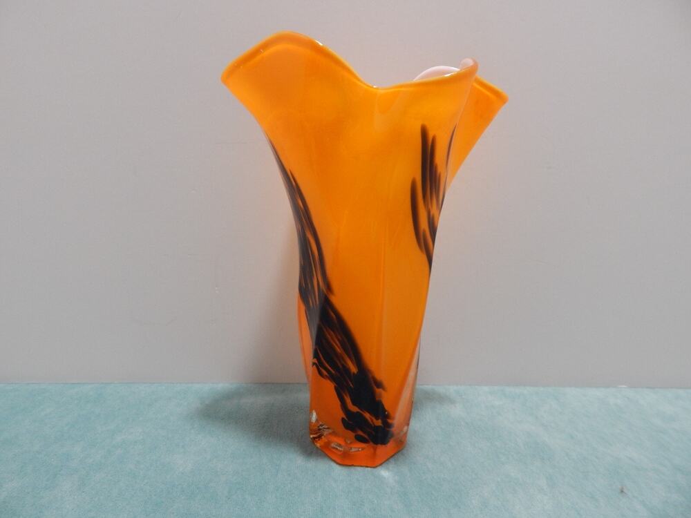 Vintage Handkerchief Vase Hand Blown Art Glass Orange and Black